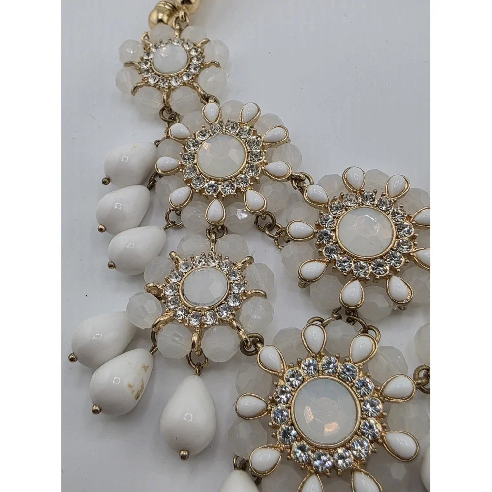 Banana Republic Necklace White Beaded Flower Bib Rope Rhinestone Statement